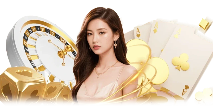 แบนเนอร์คาสิโน GOATBET123 นางแบบ รูเล็ต ไพ่ และชิป สีทองหรู สื่อถึงคาสิโนออนไลน์