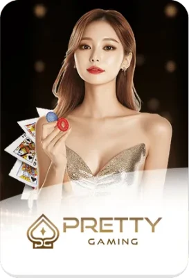 แบนเนอร์ Pretty Gaming คาสิโนสด พร้อมนางแบบ ไพ่ และชิป สื่อถึงบาคาร่าออนไลน์ GOATBET123
