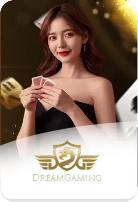 แบนเนอร์ Dream Gaming คาสิโนสด พร้อมนางแบบถือไพ่ สื่อถึงบาคาร่าออนไลน์ GOATBET123