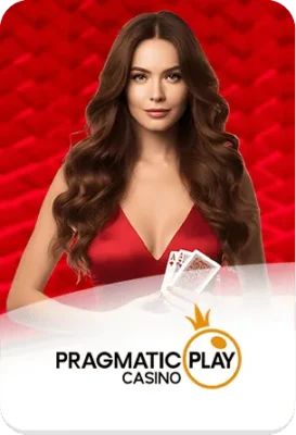 แบนเนอร์ Pragmatic Play คาสิโน พร้อมนางแบบถือไพ่ พื้นหลังสีแดง สื่อถึงเกมคาสิโนออนไลน์ GOATBET123
