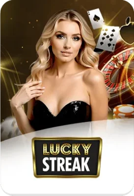 แบนเนอร์ Lucky Streak เกมคาสิโน พร้อมนางแบบ ไพ่ และชิป สื่อถึงเกมเดิมพันออนไลน์ GOATBET123