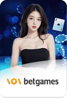 แบนเนอร์ BetGames คาสิโน พร้อมนางแบบ ไพ่ และชิป สื่อถึงเกมเดิมพันสดของ GOATBET123