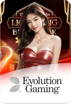แบนเนอร์ Evolution Gaming คาสิโนสด พร้อมนางแบบและบรรยากาศเกมสดระดับพรีเมียมของ GOATBET123